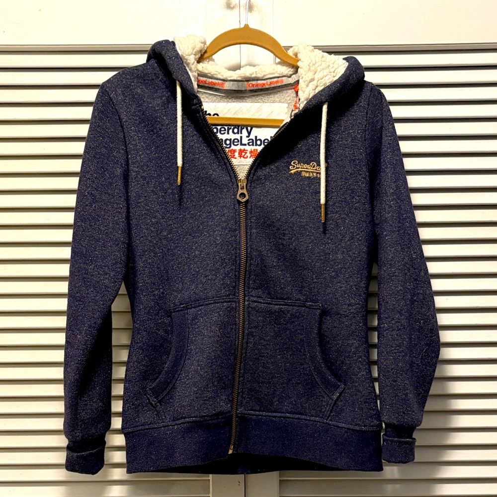 Superdry Size 10 Cozy Navy Blue Sparkle Hoodie with Cream Sherpa Lining